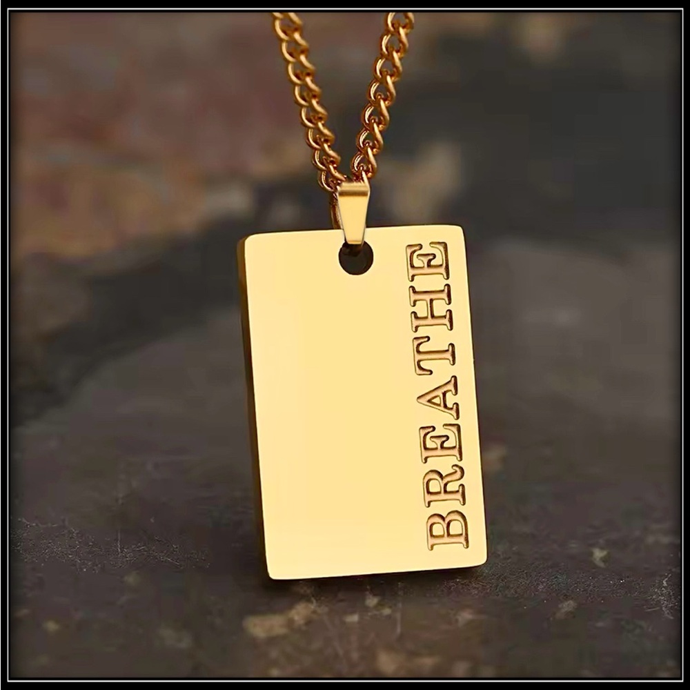 NEW 18k GOLD STEEL LASERCUT "BREATHE"  SELF CARE BAR NECKLACE